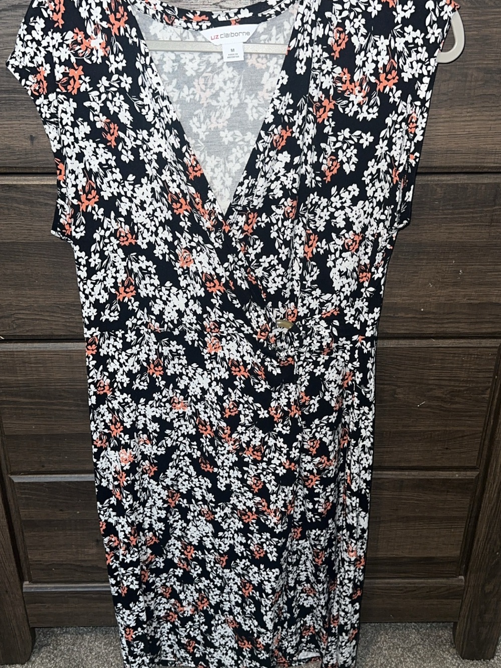 Liz Claiborne Black Floral Faux-Wrap Dress with Coral & White Flowers